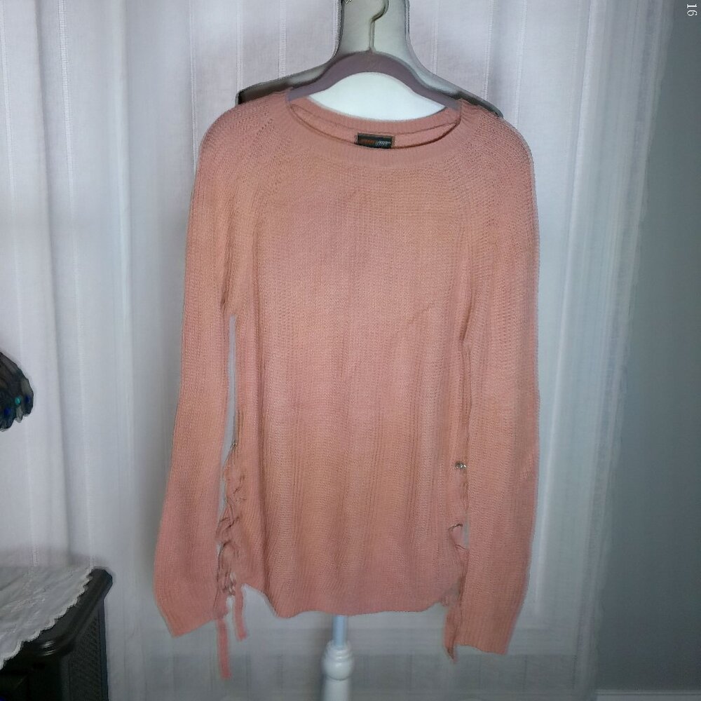 AMBIANCE APPAREL Tunic Sweater Loose Knit w/Side Grommets Apricot/Pink NWOT L